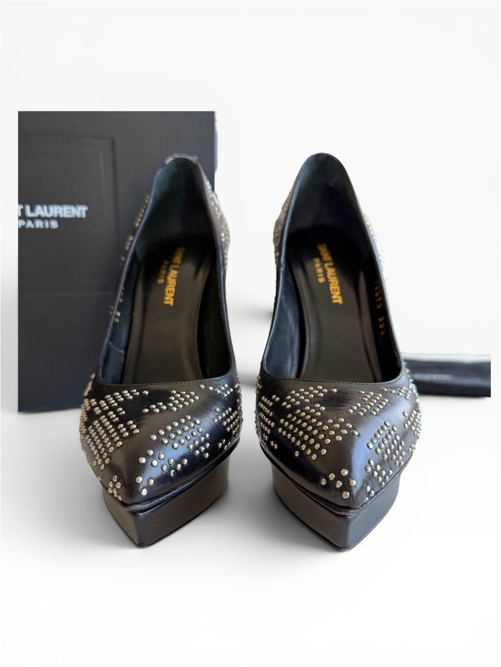 Saint Laurent Janis Diamond Grid Studded Platform Pumps 38.5 Hedi Slimane Era
